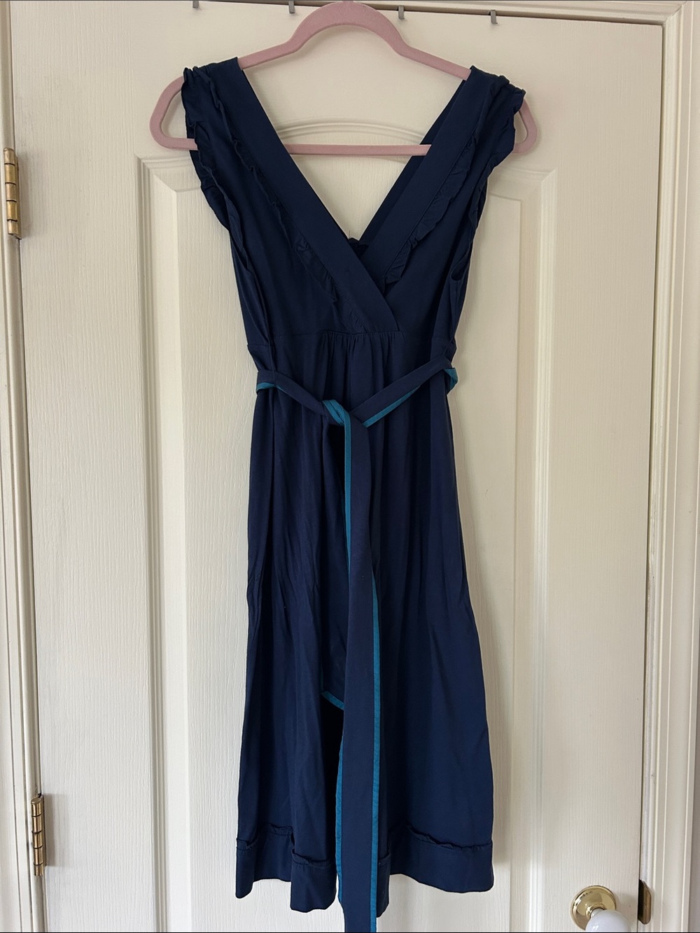 American Eagle Outfitters Navy Wrap Midi Dress with Teal Trim